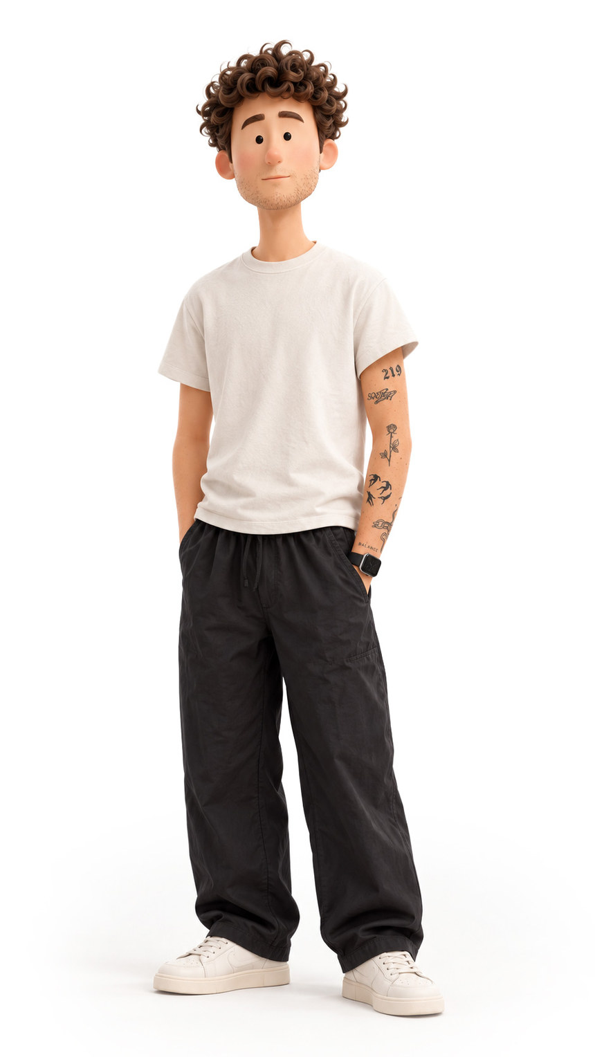 Joe, illustrated, standing with his hands in his pockets.