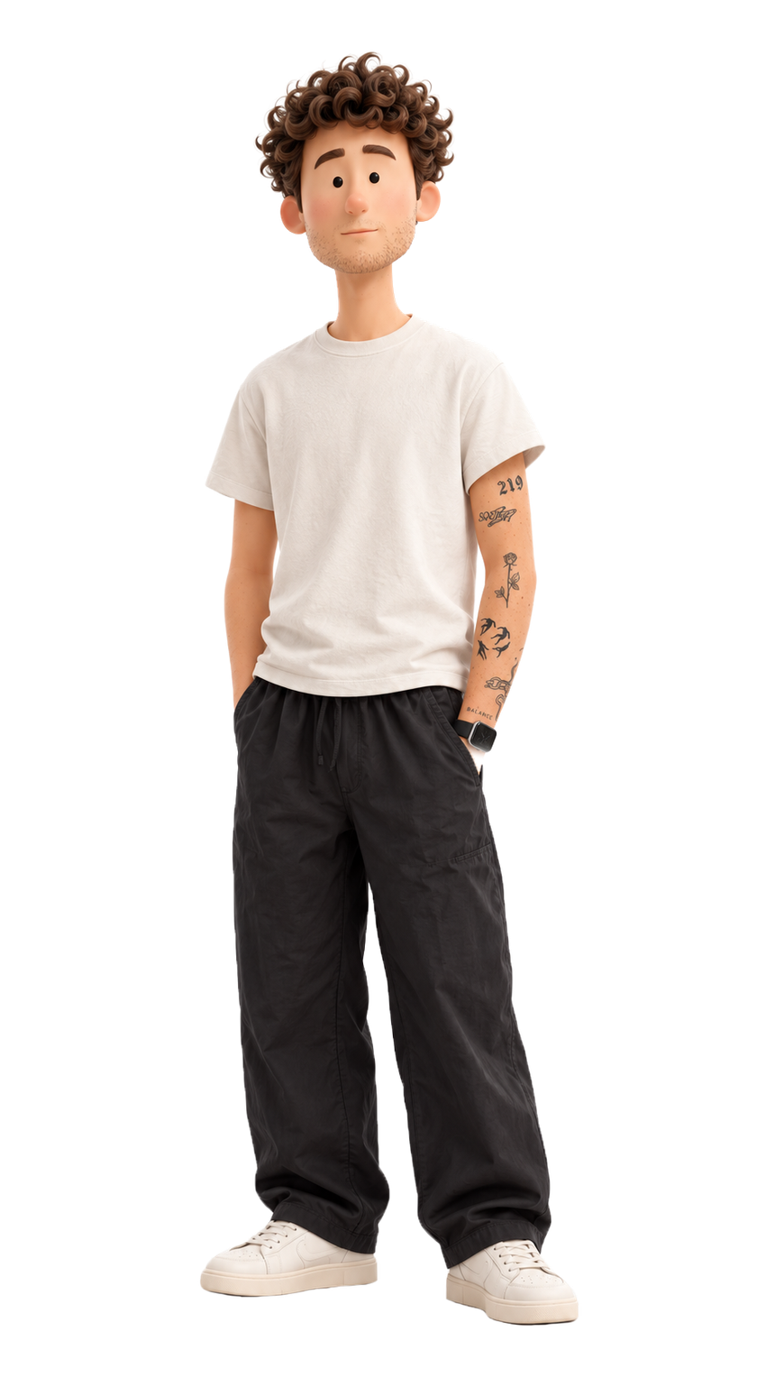 Joe, illustrated, standing with his hands in his pockets.